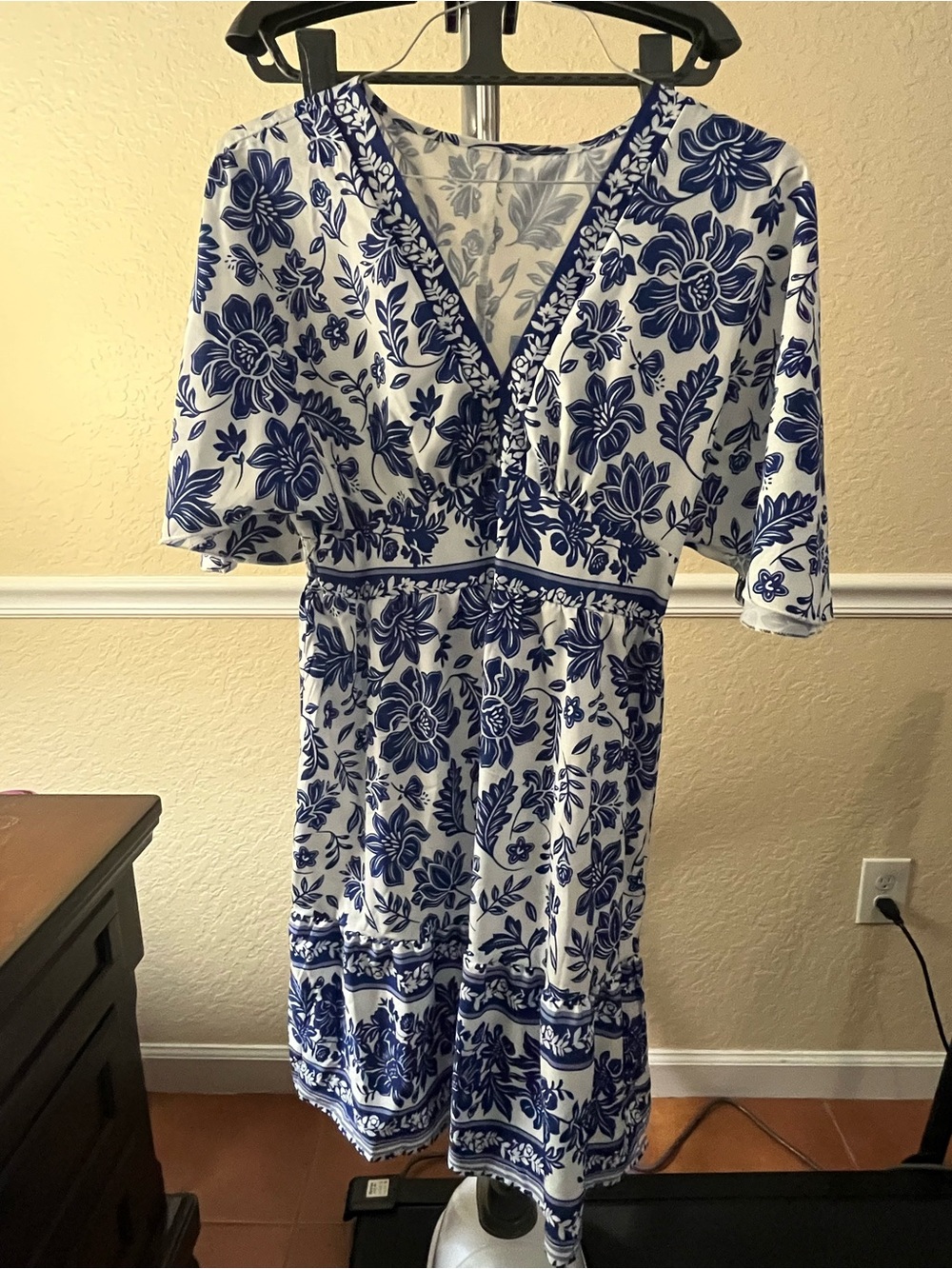 Blue & White Floral V-Neck Women's Dress